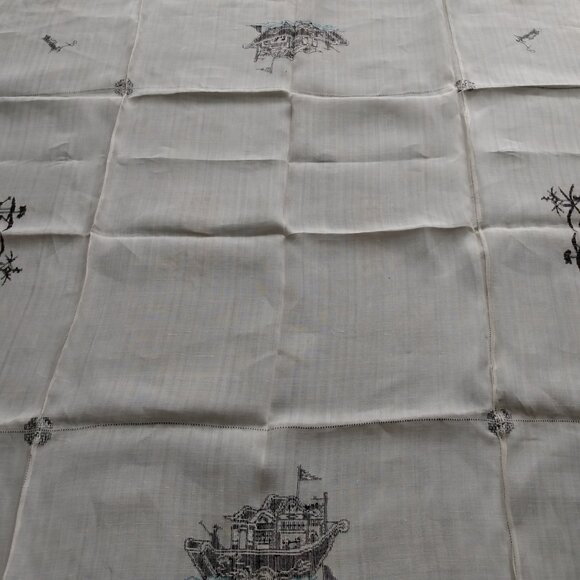 Vintage Linen Tablecloth & Napkins Set Black Cross Stitch Dragon Boat Pagoda - Picture 10 of 16